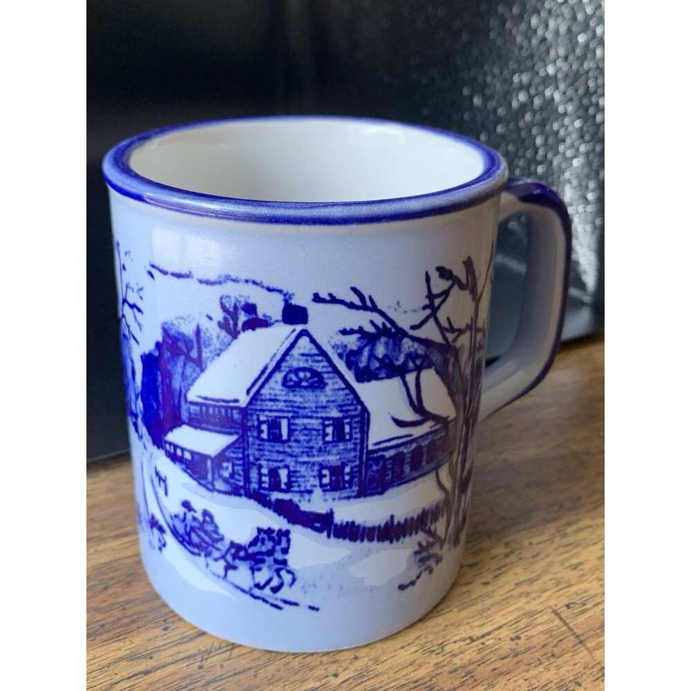 Currier Ives Mugs Blue Farmers Winter Homestead Farmhouse Horses Japan 1970s